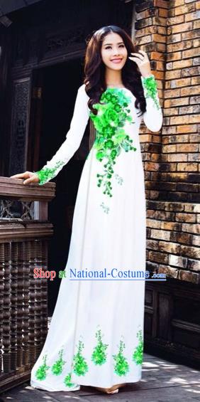 Traditional Top Grade Asian Vietnamese Costumes Dance Dress, Vietnam National Women Ao Dai Dress Printing Green Flowers White Cheongsam Clothing