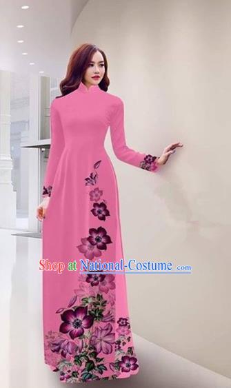 Traditional Top Grade Asian Vietnamese Costumes Handmade Printing Pink Full Dress, Vietnam National Ao Dai Dress Qipao for Women