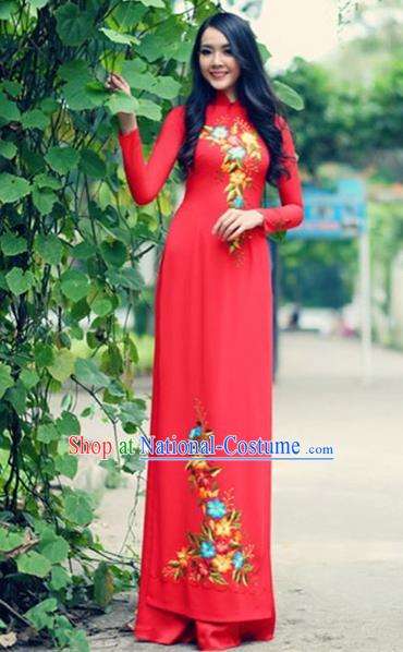 Traditional Top Grade Asian Vietnamese Costumes Handmade Embroidery Red Pleuche Full Dress, Vietnam National Ao Dai Dress Qipao for Women