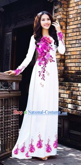 Traditional Top Grade Asian Vietnamese Costumes Dance Dress, Vietnam National Women Ao Dai Dress Printing Pink Flowers White Cheongsam Clothing