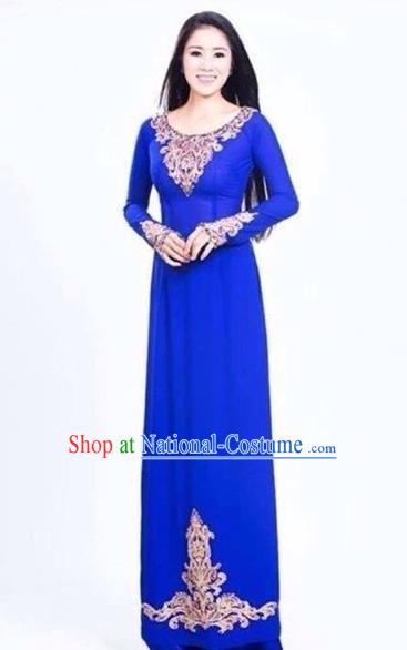 Traditional Top Grade Asian Vietnamese Costumes Classical Handmade Royalblue Full Dress and Pants, Vietnam National Ao Dai Dress Etiquette Qipao for Women