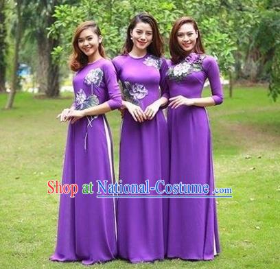 Traditional Top Grade Asian Vietnamese Costumes Classical Handmade Purple Full Dress and Loose Pants, Vietnam National Ao Dai Dress Etiquette Qipao for Women