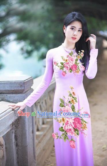 Traditional Top Grade Asian Vietnamese Costumes Classical Printing Pink Flowers Full Dress, Vietnam National Ao Dai Dress Etiquette Qipao for Women