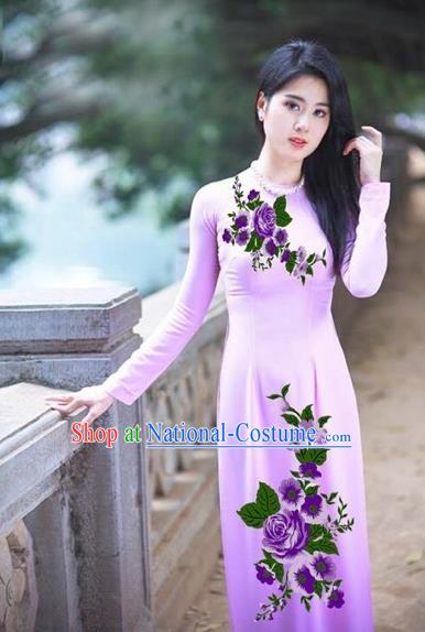 Traditional Top Grade Asian Vietnamese Costumes Classical Printing Purple Flowers Full Dress, Vietnam National Ao Dai Dress Etiquette Qipao for Women