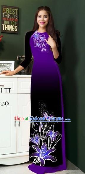 Traditional Top Grade Asian Vietnamese Costumes Classical Printing Greenish Lily Flowers Full Dress, Vietnam National Ao Dai Dress Purple Etiquette Qipao for Women