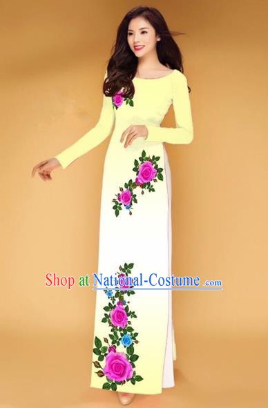 Traditional Top Grade Asian Vietnamese Costumes Classical Printing Rose Flowers Full Dress, Vietnam National Ao Dai Dress Yellow Etiquette Qipao for Women