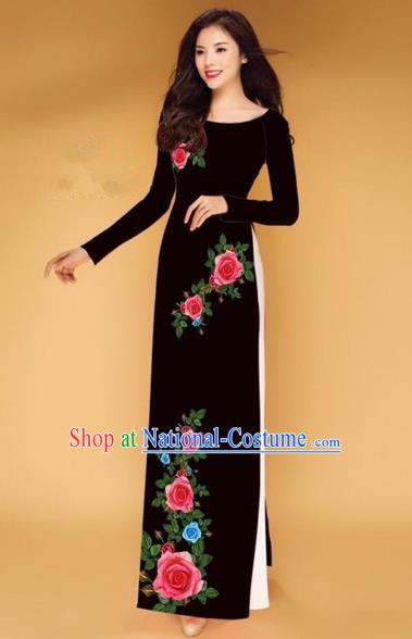 Traditional Top Grade Asian Vietnamese Costumes Classical Printing Rose Flowers Full Dress, Vietnam National Ao Dai Dress Black Etiquette Qipao for Women