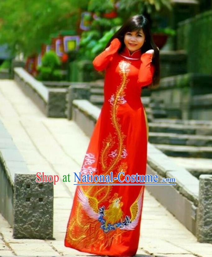 Traditional Top Grade Asian Vietnamese Costumes Classical Printing Phoenix Pattern Full Dress, Vietnam National Ao Dai Dress Wedding Etiquette Qipao for Women