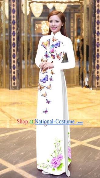 Traditional Top Grade Asian Vietnamese Costumes Classical Printing Butterfly Pattern Full Dress, Vietnam National Ao Dai Dress White Etiquette Qipao for Women