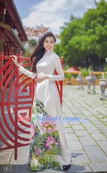 Traditional Top Grade Asian Vietnamese Costumes Classical Printing Lotus Pattern Full Dress, Vietnam National Ao Dai Dress White Etiquette Qipao for Women