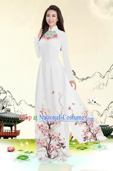 Traditional Top Grade Asian Vietnamese Costumes Classical Plum Blossom Pattern Full Dress, Vietnam National Ao Dai Dress White Etiquette Qipao for Women