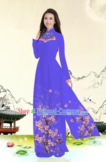 Traditional Top Grade Asian Vietnamese Costumes Classical Plum Blossom Pattern Full Dress, Vietnam National Ao Dai Dress Purple Etiquette Qipao for Women