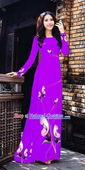 Traditional Top Grade Asian Vietnamese Costumes Classical Printing Flowers Pattern Full Dress, Vietnam National Ao Dai Dress Purple Etiquette Qipao for Women