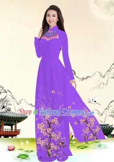 Traditional Top Grade Asian Vietnamese Costumes Classical Plum Blossom Pattern Full Dress, Vietnam National Ao Dai Dress Modena Etiquette Qipao for Women