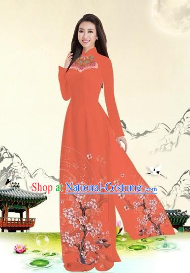 Traditional Top Grade Asian Vietnamese Costumes Classical Plum Blossom Pattern Full Dress, Vietnam National Ao Dai Dress Orange Etiquette Qipao for Women