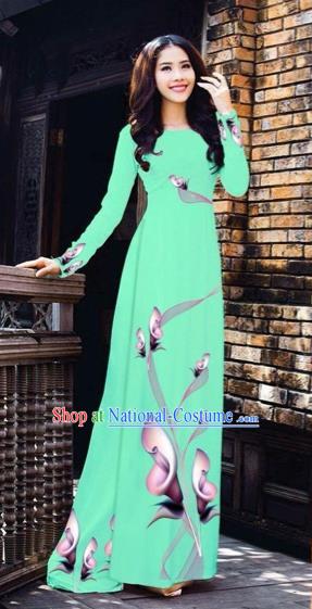 Traditional Top Grade Asian Vietnamese Costumes Classical Printing Flowers Pattern Full Dress, Vietnam National Ao Dai Dress Green Etiquette Qipao for Women