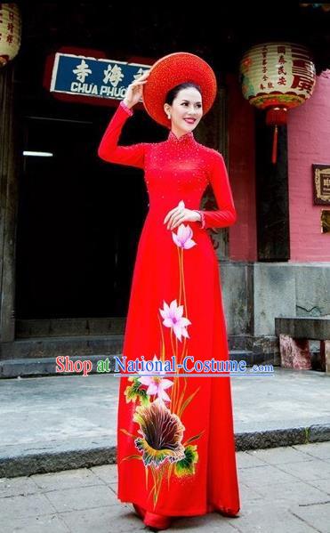 Traditional Top Grade Asian Vietnamese Costumes Classical Wedding Red Full Dress, Vietnam National Ao Dai Dress Bride Qipao for Women