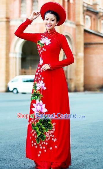 Traditional Top Grade Asian Vietnamese Costumes Classical Wedding Red Full Dress, Vietnam National Ao Dai Dress Bride Qipao for Women