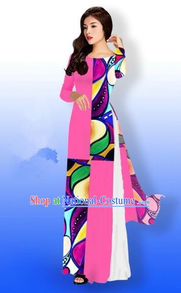 Traditional Top Grade Asian Vietnamese Costumes Classical Printing Full Dress, Vietnam National Ao Dai Dress Bride Pink Qipao for Women