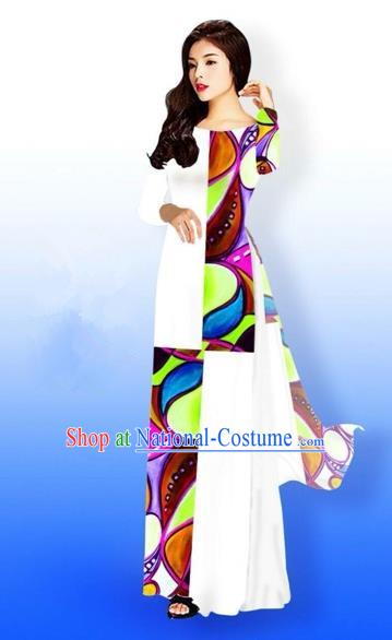 Traditional Top Grade Asian Vietnamese Costumes Classical Printing Full Dress, Vietnam National Ao Dai Dress Bride White Qipao for Women