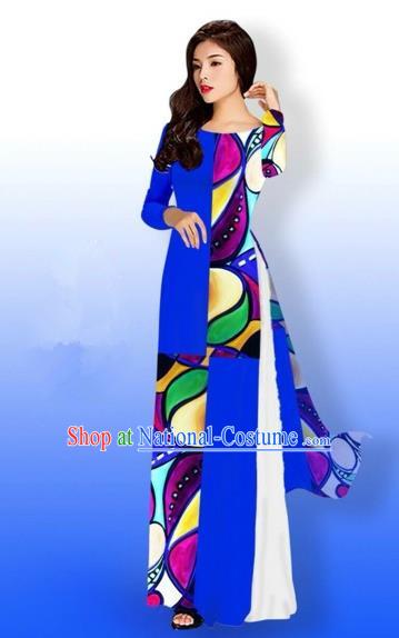 Traditional Top Grade Asian Vietnamese Costumes Classical Printing Full Dress, Vietnam National Ao Dai Dress Bride Royalblue Qipao for Women