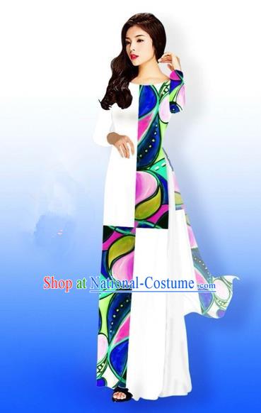 Traditional Top Grade Asian Vietnamese Costumes Classical Printing Full Dress, Vietnam National Ao Dai Dress Bride Qipao for Women