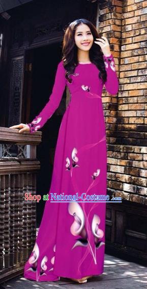 Traditional Top Grade Asian Vietnamese Costumes Classical Printing Flowers Pattern Full Dress, Vietnam National Ao Dai Dress Amaranth Etiquette Qipao for Women