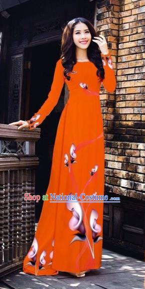 Traditional Top Grade Asian Vietnamese Costumes Classical Printing Flowers Pattern Full Dress, Vietnam National Ao Dai Dress Orange Etiquette Qipao for Women