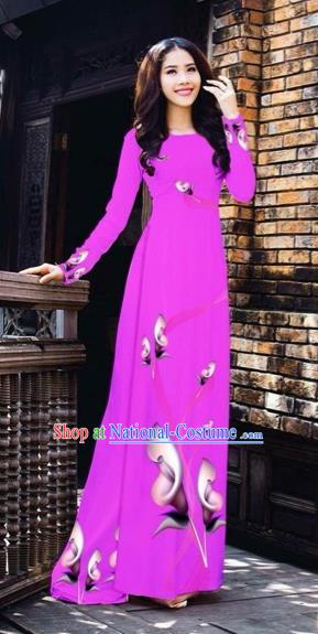 Traditional Top Grade Asian Vietnamese Costumes Classical Printing Flowers Pattern Full Dress, Vietnam National Ao Dai Dress Violet Etiquette Qipao for Women