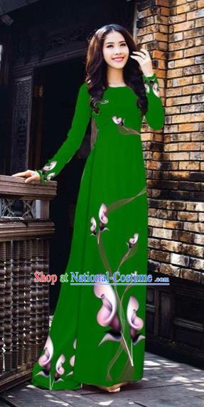 Traditional Top Grade Asian Vietnamese Costumes Classical Printing Flowers Pattern Full Dress, Vietnam National Ao Dai Dress Deep Green Etiquette Qipao for Women