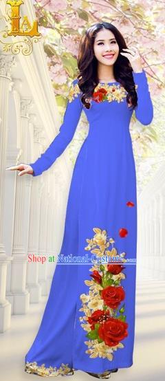 Traditional Top Grade Asian Vietnamese Costumes, Vietnam National Ao Dai Dress Printing Flowers Blue Qipao for Women