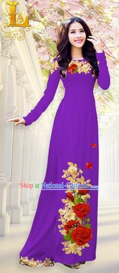 Traditional Top Grade Asian Vietnamese Costumes, Vietnam National Ao Dai Dress Printing Flowers Purple Qipao for Women