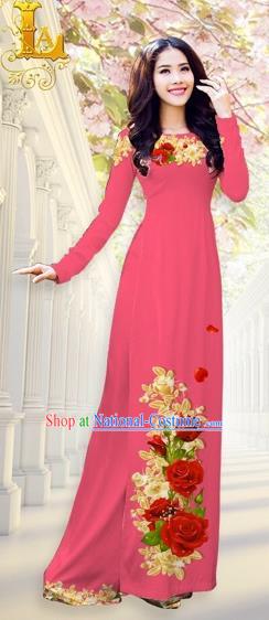 Traditional Top Grade Asian Vietnamese Costumes, Vietnam National Ao Dai Dress Printing Flowers Watermelon Red Qipao for Women