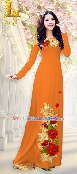 Traditional Top Grade Asian Vietnamese Costumes, Vietnam National Ao Dai Dress Printing Flowers Orange Qipao for Women