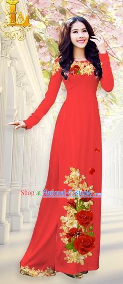 Traditional Top Grade Asian Vietnamese Costumes, Vietnam National Ao Dai Dress Printing Flowers Red Qipao for Women