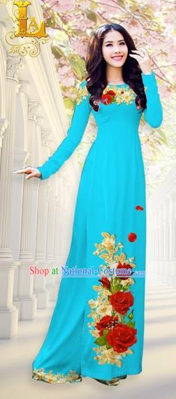 Traditional Top Grade Asian Vietnamese Costumes, Vietnam National Ao Dai Dress Printing Flowers Blue Qipao for Women