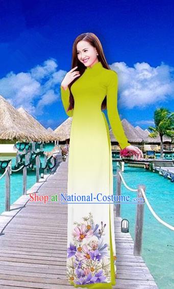 Traditional Top Grade Asian Vietnamese Costumes Full Dress, Vietnam National Ao Dai Dress Printing Flowers Olive Green Stand Collar Qipao for Women