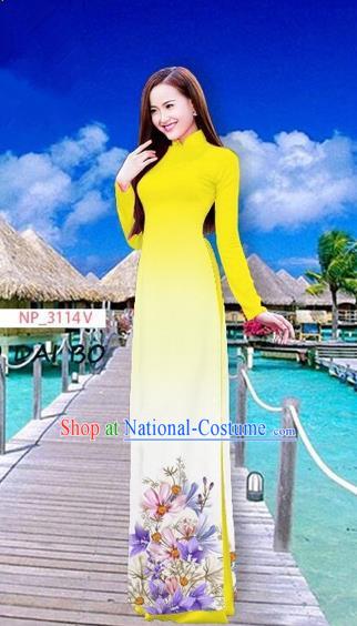 Traditional Top Grade Asian Vietnamese Costumes Full Dress, Vietnam National Ao Dai Dress Printing Flowers Yellow Stand Collar Qipao for Women