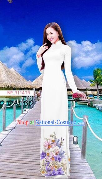 Traditional Top Grade Asian Vietnamese Costumes Full Dress, Vietnam National Ao Dai Dress Printing Flowers White Stand Collar Qipao for Women