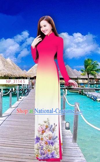 Traditional Top Grade Asian Vietnamese Costumes Full Dress, Vietnam National Ao Dai Dress Printing Flowers Rose Stand Collar Qipao for Women