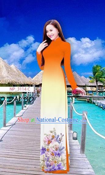 Traditional Top Grade Asian Vietnamese Costumes Full Dress, Vietnam National Ao Dai Dress Printing Flowers Orange Stand Collar Qipao for Women