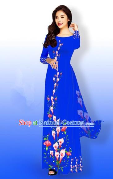 Traditional Top Grade Asian Vietnamese Costumes Full Dress, Vietnam National Ao Dai Dress Printing Blue Qipao for Women