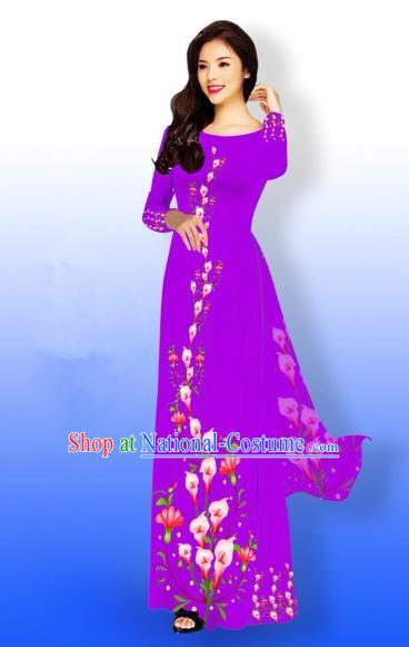 Traditional Top Grade Asian Vietnamese Costumes Full Dress, Vietnam National Ao Dai Dress Printing Purple Qipao for Women