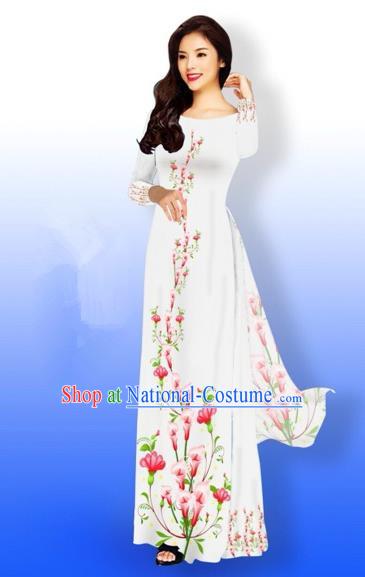 Traditional Top Grade Asian Vietnamese Costumes Full Dress, Vietnam National Ao Dai Dress Printing Flowers White Qipao for Women