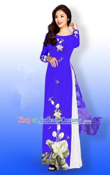 Traditional Top Grade Asian Vietnamese Costumes Full Dress, Vietnam National Ao Dai Dress Printing Flowers Round Collar Blue Qipao for Women