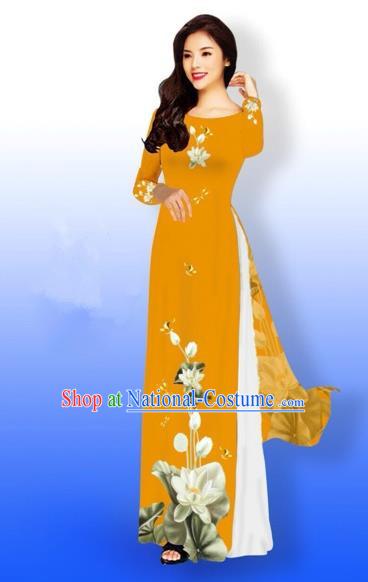 Traditional Top Grade Asian Vietnamese Costumes Full Dress, Vietnam National Ao Dai Dress Printing Flowers Round Collar Orange Qipao for Women