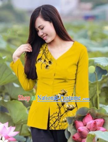 Traditional Top Grade Asian Vietnamese Costumes, Vietnam National Ao Dai Printing Yellow Blouse for Women