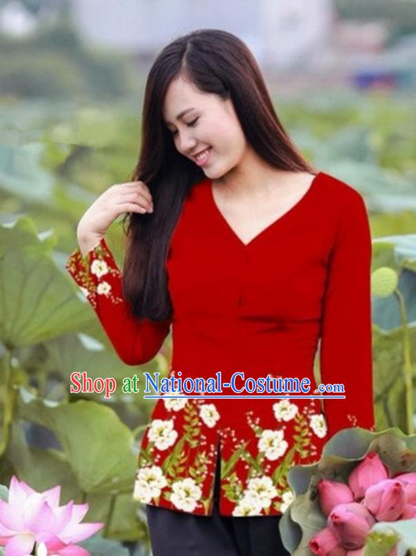 Traditional Top Grade Asian Vietnamese Costumes, Vietnam National Ao Dai Printing Red Blouse for Women