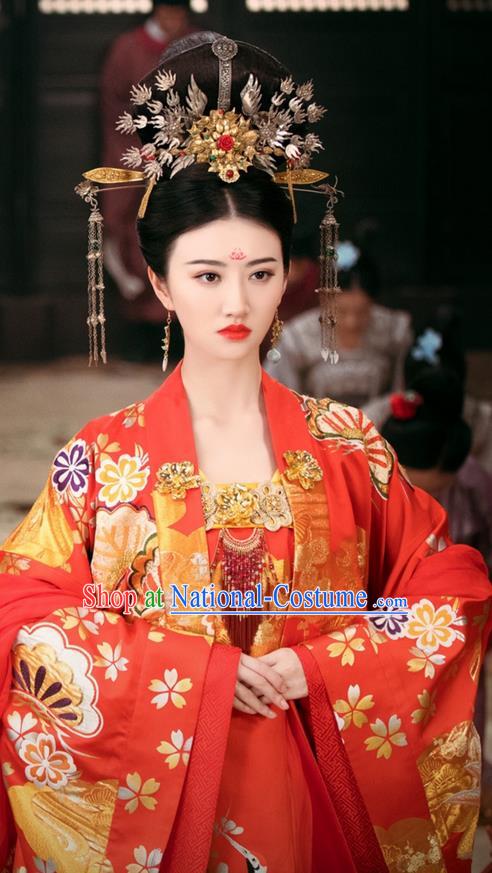 Traditional Chinese Ancient Princess Wedding Costumes and Phoenix Coronet Handmade Headpiece Complete Set, The Glory of Tang Dynasty Bride Trailing Dress Clothing for Women