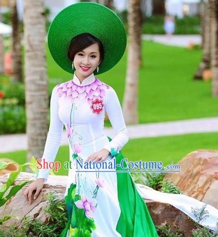 Traditional Top Grade Asian Vietnamese Costumes Classical Printing Lotus Full Dress, Vietnam National Ao Dai Dress White Qipao for Women